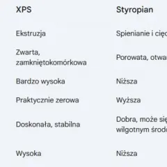Tabela porównująca XPS i styropian. Czy styropian to plastik? Porównanie procesu produkcji, struktury, wytrzymałości, nasiąkliwości, izolacyjności i odporności biologicznej.