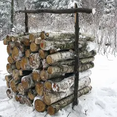 Drewno opałowe ułożone w stos, tworząc metr przestrzenny. W tle zimowy las, drzewa pokryte śniegiem.