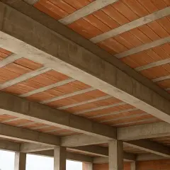 Widok z dołu na betonowe belki i pustaki ceramiczne, tworzące konstrukcję stropu. Różne rodzaje stropów mogą być budowane w ten sposób.