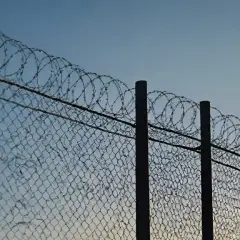 Ogrodzenie z siatki z nawiniętym drutem kolczastym na słupkach, na tle błękitnego nieba.