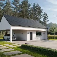 Nowoczesny budynek usługowy z wiatą na samochód, otoczony zielenią i lasem.