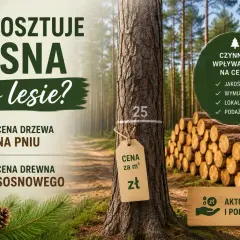 Ile kosztuje sosna w lesie? Obraz przedstawia sosnę z metką ceny, stosy drewna i informacje o czynnikach wpływających na cenę.