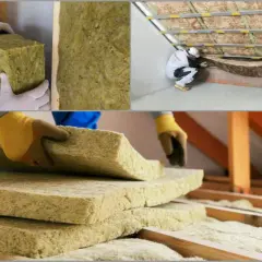 Pracownicy montują wełnę mineralną na poddaszu. Widać stosy płyt izolacyjnych i proces układania materiału.