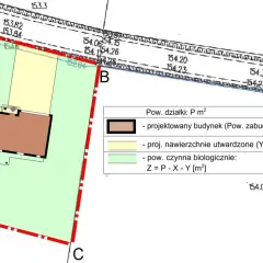 Mapa z zaznaczonym projektowanym budynkiem i jego wymiarami, wskazująca przeniesienie warunków zabudowy.