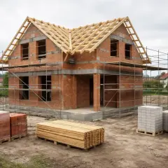Budowa domu w toku, rusztowania, materiały budowlane. Zastanawiasz się, ile kosztuje odbiór domu?