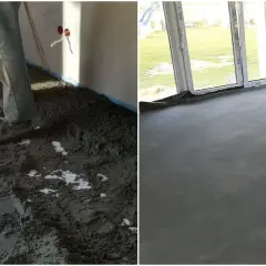 Przedstawia różne rodzaje betonu: świeży wylewany na podłogę i gotowy, gładki jastrych.