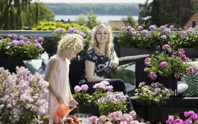 Kobieta i dziecko na tarasie wśród kwitnących pelargonii. Najpiękniejsze odmiany tworzą barwną oprawę letniego popołudnia.
