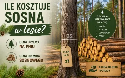Ile kosztuje sosna w lesie? Obraz przedstawia sosnę z metką ceny, stosy drewna i informacje o czynnikach wpływających na cenę.