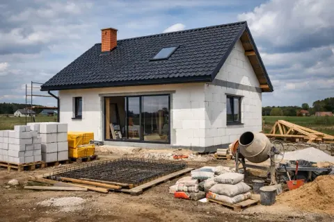 Budowa domu 80 m w toku. Beton, pustaki i zbrojenie czekają na dalsze prace.