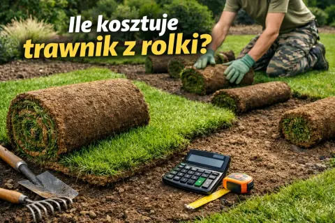 Zakładanie trawnika cena za m2. Rolki trawy czekają na ułożenie, a obok kalkulator i miarka sugerują planowanie kosztów.