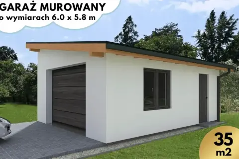 Nowoczesny garaż murowany z ciemną bramą i oknem. Idealny dla Twojego samochodu, o wymiarach 6.0 x 5.8 m.