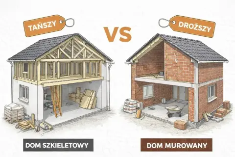 Porównanie budowy domu szkieletowego (tańszy) i murowanego (droższy). Widoczne etapy budowy, materiały i konstrukcje.