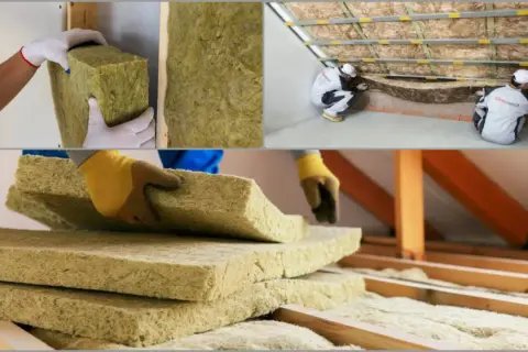 Pracownicy montują wełnę mineralną na poddaszu. Widać stosy płyt izolacyjnych i proces układania materiału.