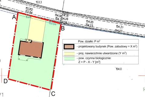 Mapa z zaznaczonym projektowanym budynkiem i jego wymiarami, wskazująca przeniesienie warunków zabudowy.