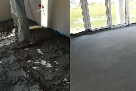 Przedstawia różne rodzaje betonu: świeży wylewany na podłogę i gotowy, gładki jastrych.