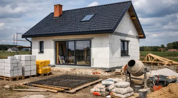 Budowa domu 80 m w toku. Beton, pustaki i zbrojenie czekają na dalsze prace.