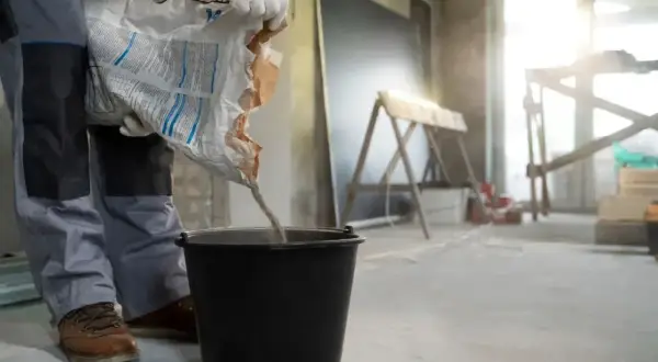 Robotnik wsypuje suchą mieszankę do wiadra, przygotowując beton na styropianie. Kluczowa jest minimalna grubość wylewki betonowej na styropianie.