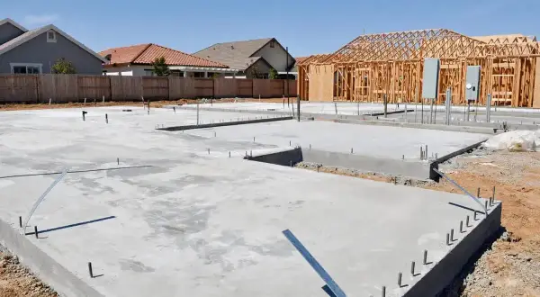 Fundament domu z chudego betonu, gotowy pod budowę ścian. W tle widać konstrukcję szkieletową domu.