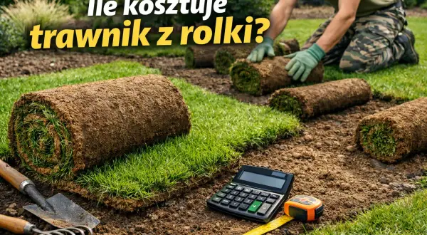 Zakładanie trawnika cena za m2. Rolki trawy czekają na ułożenie, a obok kalkulator i miarka sugerują planowanie kosztów.