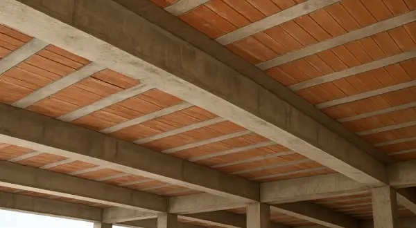 Widok z dołu na betonowe belki i pustaki ceramiczne, tworzące konstrukcję stropu. Różne rodzaje stropów mogą być budowane w ten sposób.
