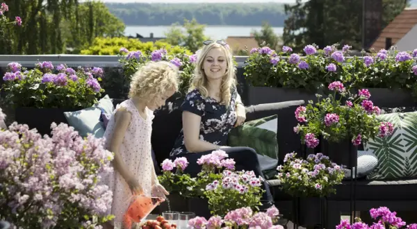 Kobieta i dziecko na tarasie wśród kwitnących pelargonii. Najpiękniejsze odmiany tworzą barwną oprawę letniego popołudnia.