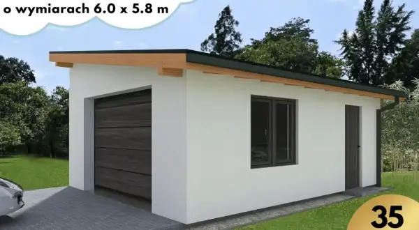 Nowoczesny garaż murowany z ciemną bramą i oknem. Idealny dla Twojego samochodu, o wymiarach 6.0 x 5.8 m.