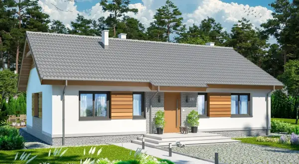Nowoczesny, biały dom z drewnianymi elementami i szarym dachem. To tani w budowie, energooszczędny dom jednorodzinny z pięknym ogrodem.