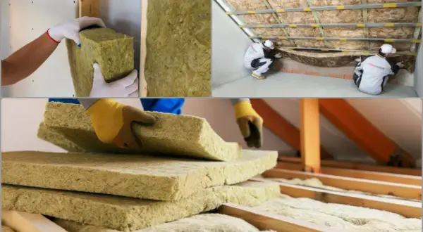 Pracownicy montują wełnę mineralną na poddaszu. Widać stosy płyt izolacyjnych i proces układania materiału.