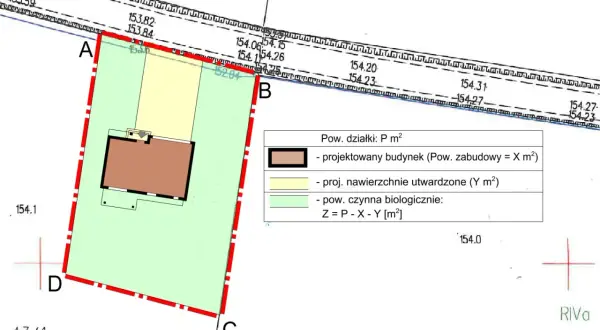 Mapa z zaznaczonym projektowanym budynkiem i jego wymiarami, wskazująca przeniesienie warunków zabudowy.