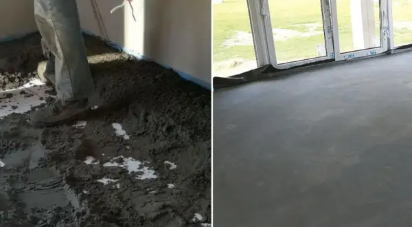 Przedstawia różne rodzaje betonu: świeży wylewany na podłogę i gotowy, gładki jastrych.