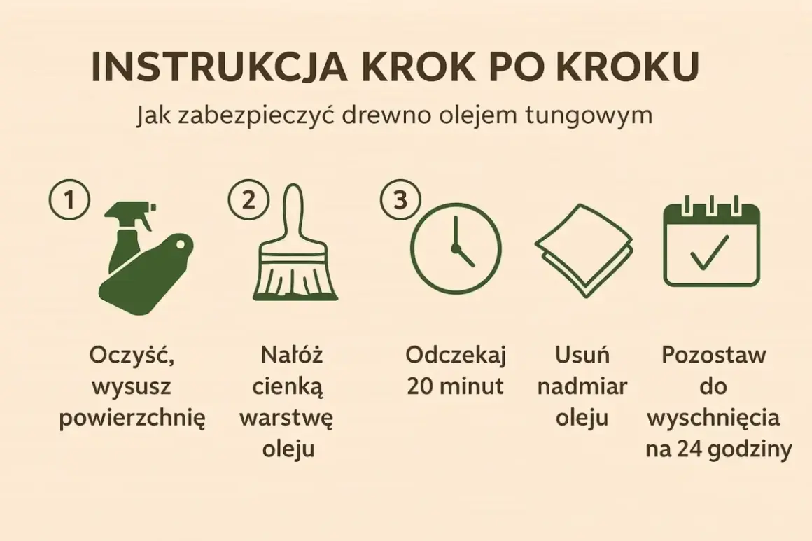 Instrukcja krok po kroku: oczyszczanie, nakładanie cienkiej warstwy oleju, odczekanie 20 minut, usunięcie nadmiaru oleju i pozostawienie do wyschnięcia na 24 godziny.