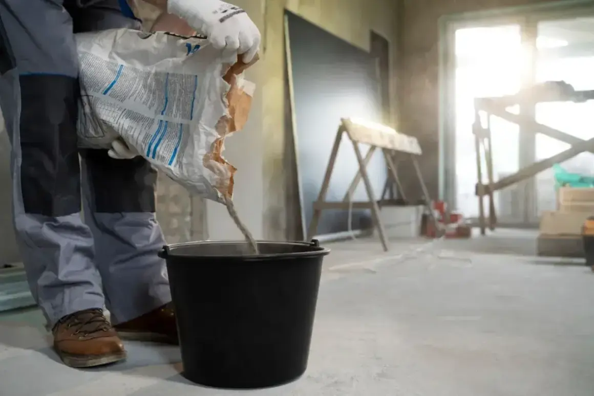 Robotnik wsypuje suchą mieszankę do wiadra, przygotowując beton na styropianie. Kluczowa jest minimalna grubość wylewki betonowej na styropianie.
