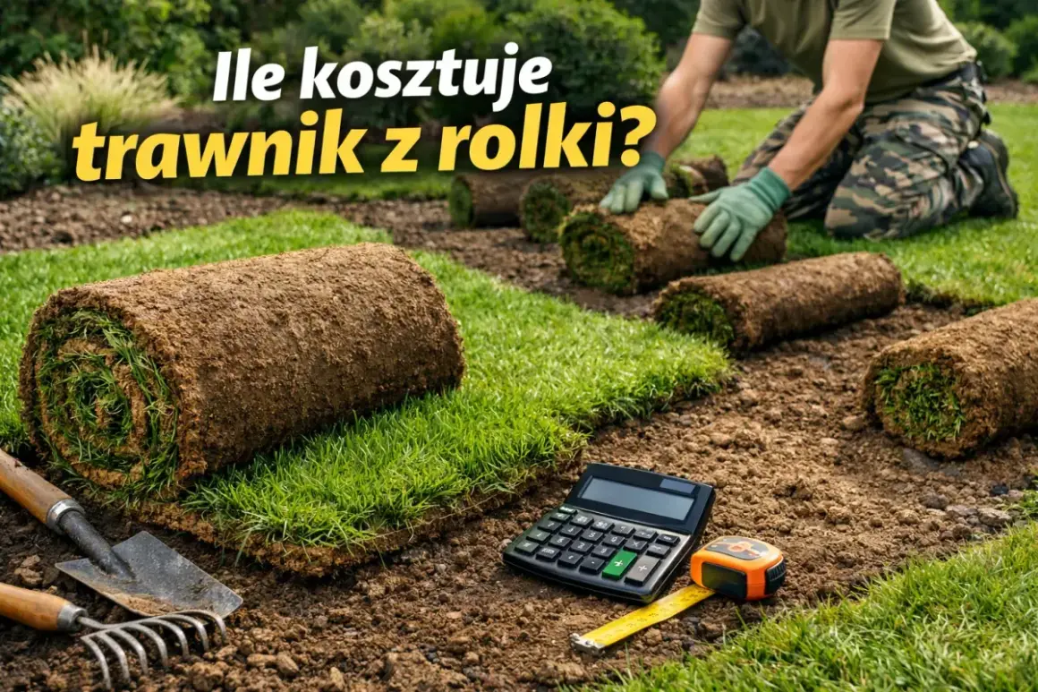 Zakładanie trawnika cena za m2. Rolki trawy czekają na ułożenie, a obok kalkulator i miarka sugerują planowanie kosztów.