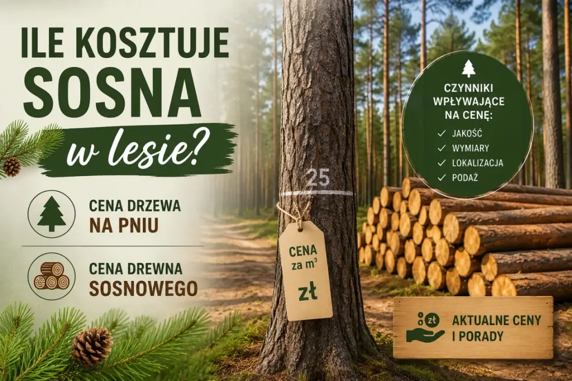 Ile kosztuje sosna w lesie? Obraz przedstawia sosnę z metką ceny, stosy drewna i informacje o czynnikach wpływających na cenę.