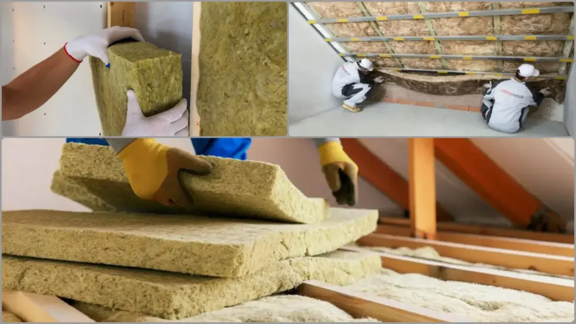 Pracownicy montują wełnę mineralną na poddaszu. Widać stosy płyt izolacyjnych i proces układania materiału.