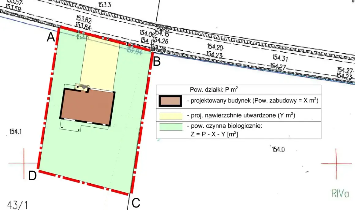 Mapa z zaznaczonym projektowanym budynkiem i jego wymiarami, wskazująca przeniesienie warunków zabudowy.