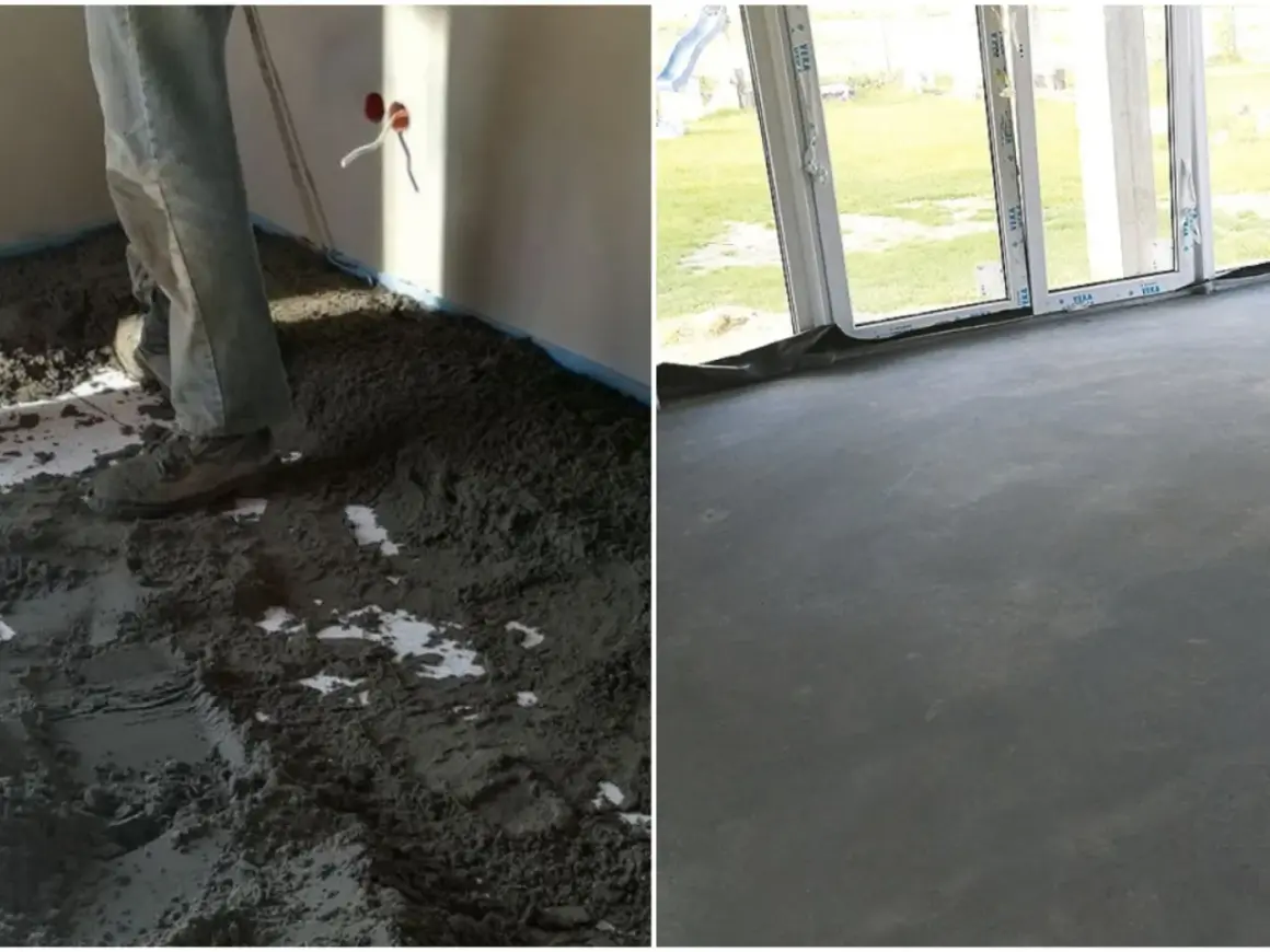 Przedstawia różne rodzaje betonu: świeży wylewany na podłogę i gotowy, gładki jastrych.