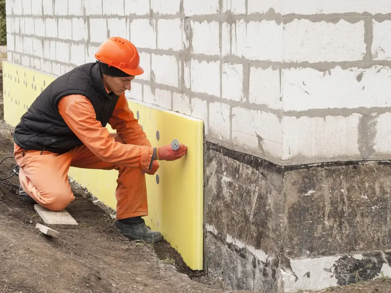 Budowlaniec mocuje żółty styropian do ściany. Czy styropian to plastik? To pytanie zadaje sobie wielu, gdy widzi ten materiał izolacyjny.