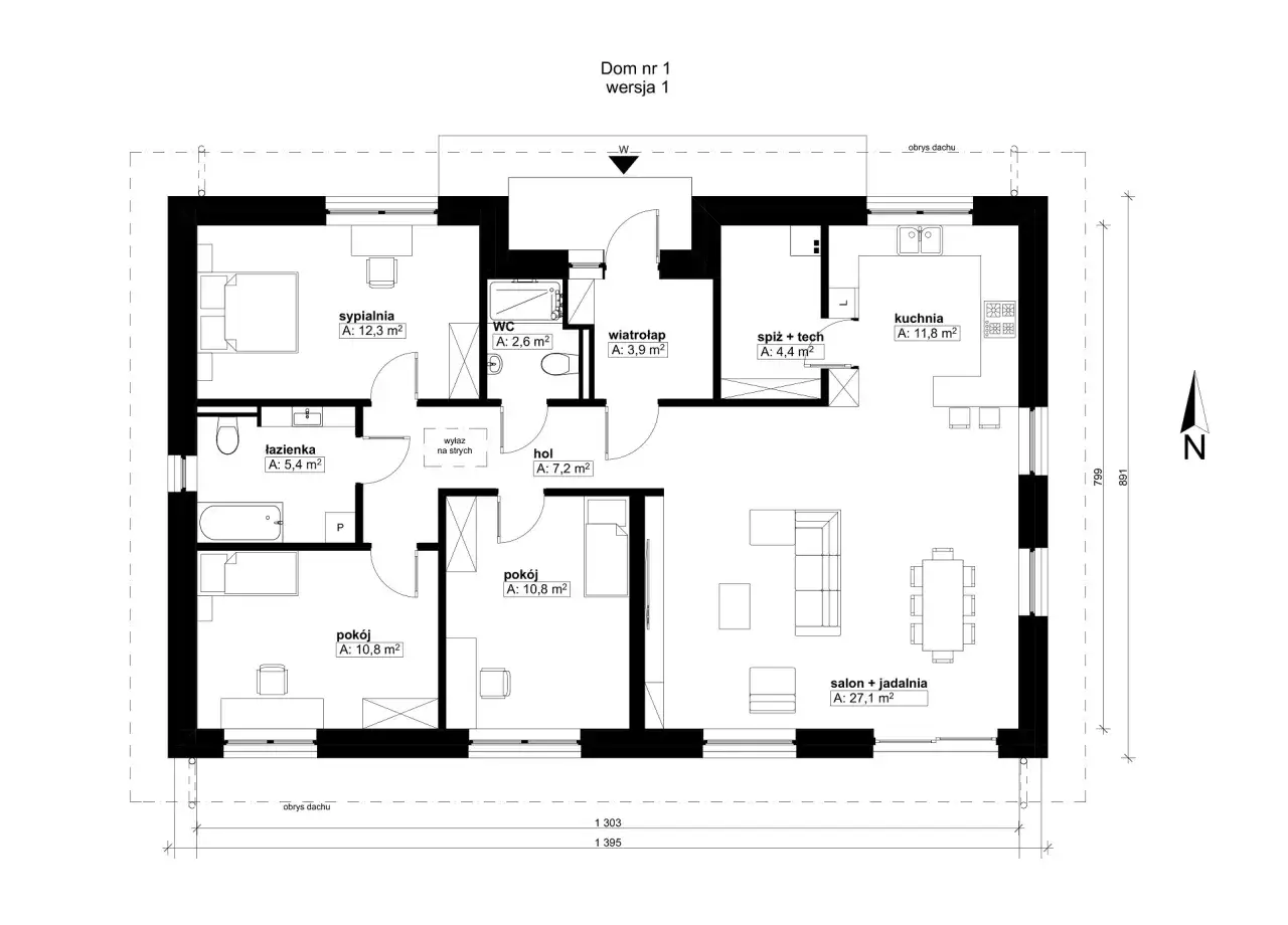 Projekt budowlany domu nr 1, wersja 1. Układ pomieszczeń: sypialnia, łazienka, WC, hol, pokoje, kuchnia, salon z jadalnią, spiżarnia.