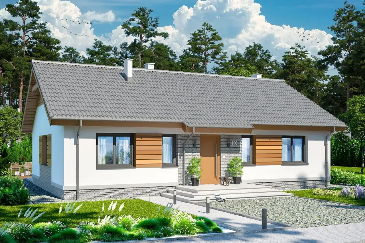 Nowoczesny, parterowy dom z drewnianymi elementami, idealny dla szukających tanich domów w budowie. Otoczony zielenią, z podjazdem i schludnym ogrodem.