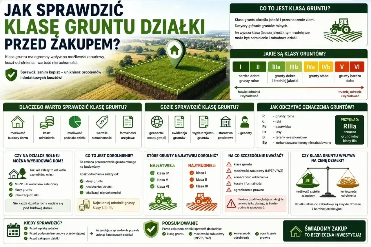 Klasa gruntu wpływa na koszt odrolnienia i możliwość zabudowy. Sprawdź klasę gruntu przed zakupem, by uniknąć problemów i kosztów.
