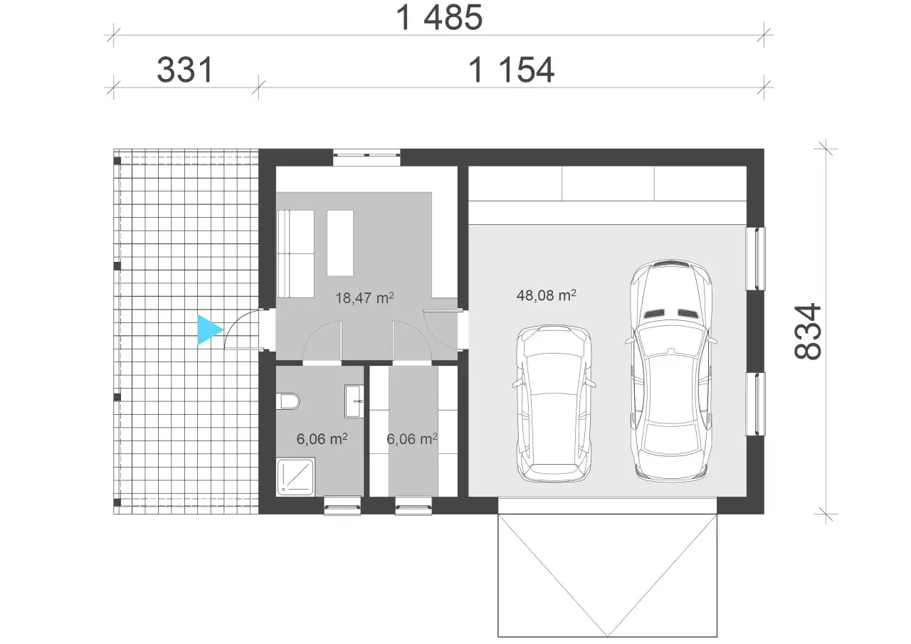 Rzut garażu dwustanowiskowego o wymiarach 8,34 x 14,85 m. Wewnątrz dwa miejsca parkingowe (48,08 m²), pomieszczenie gospodarcze (18,47 m²) i dwie łazienki (6,06 m² każda).