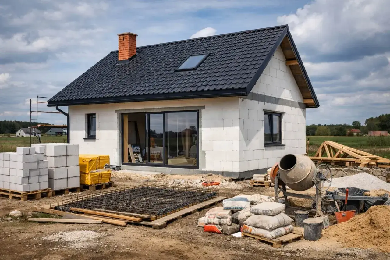 Budowa domu 80m2 pod klucz w toku. Beton, bloczki, zbrojenie i cement czekają na użycie.