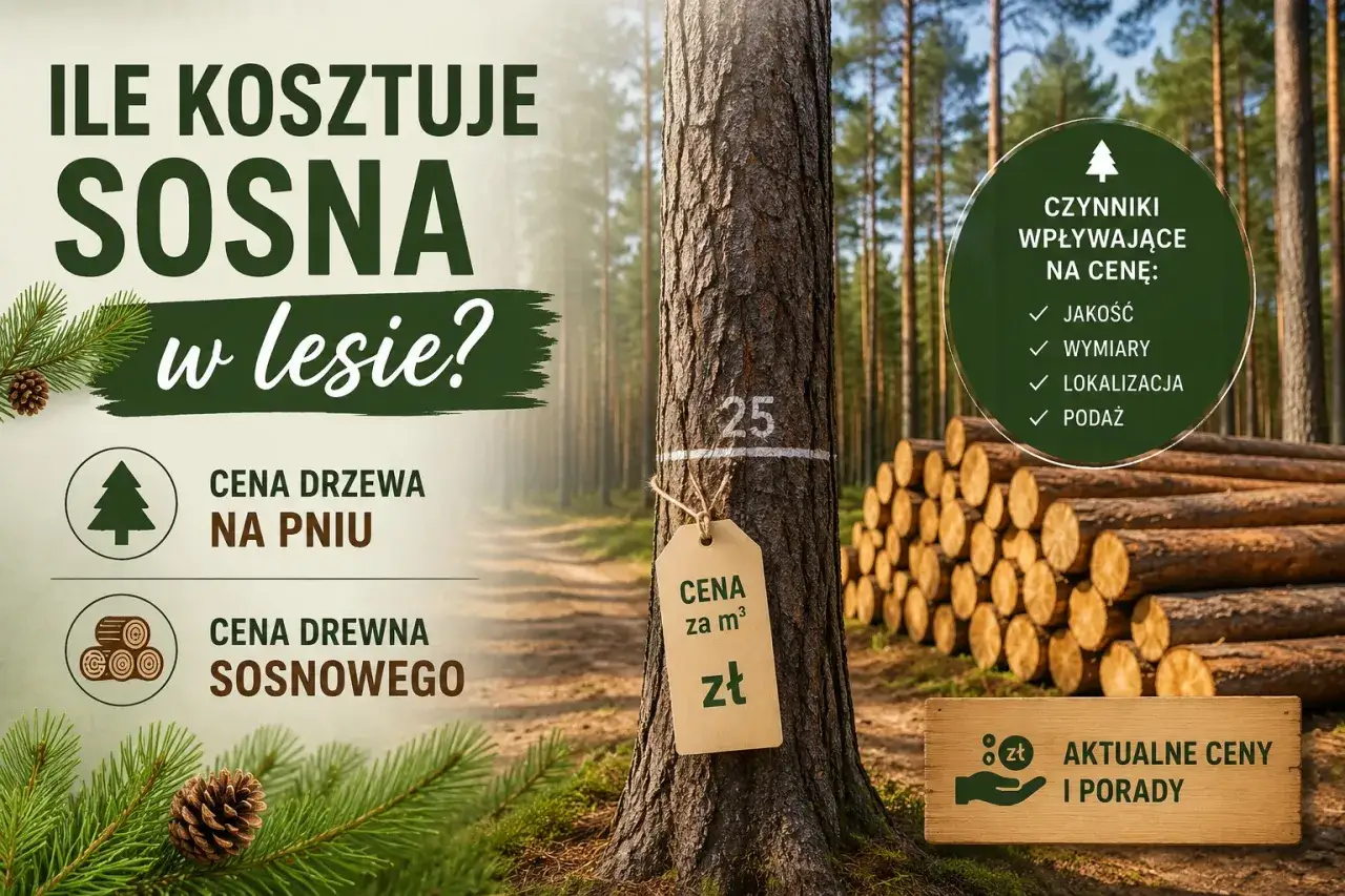 Ile kosztuje sosna w lesie? Obraz przedstawia sosnę z tabliczką