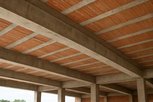 Widok z dołu na betonowe belki i pustaki ceramiczne, tworzące konstrukcję stropu. Różne rodzaje stropów mogą być budowane w ten sposób.
